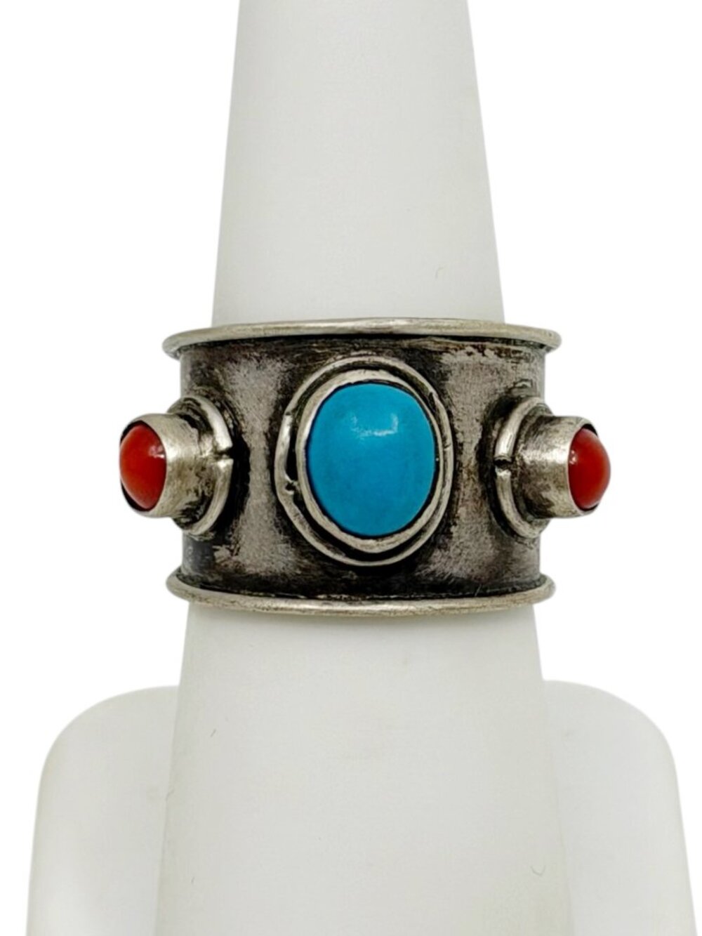 Vintage sterling silver turquoise & coral band ring - GM1072
